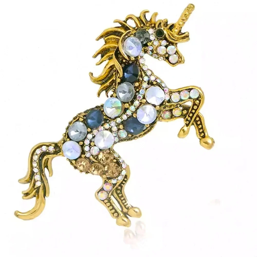 Vintage Gold Unicorn Brooch with Multicolor Gems
